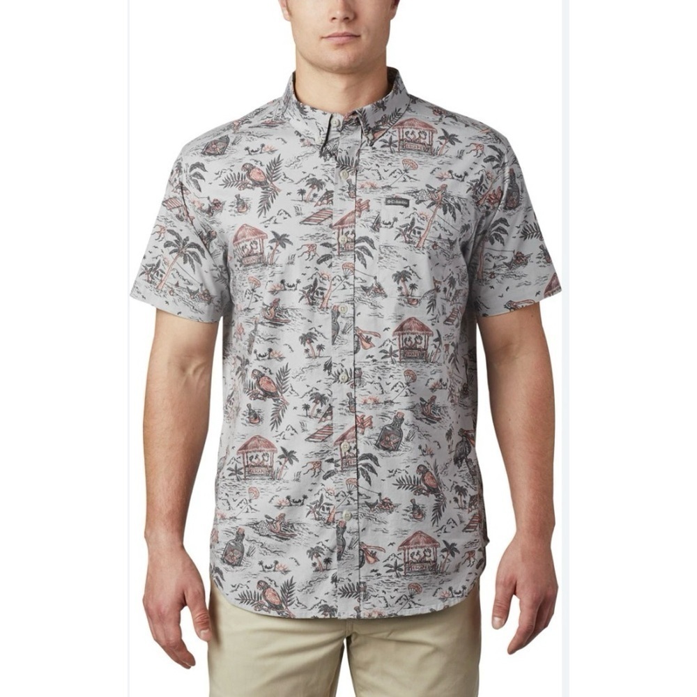 Columbia Rapid Rivers Printed ShortSleeve Shirt Men Grey Regular Fit XL Vacation